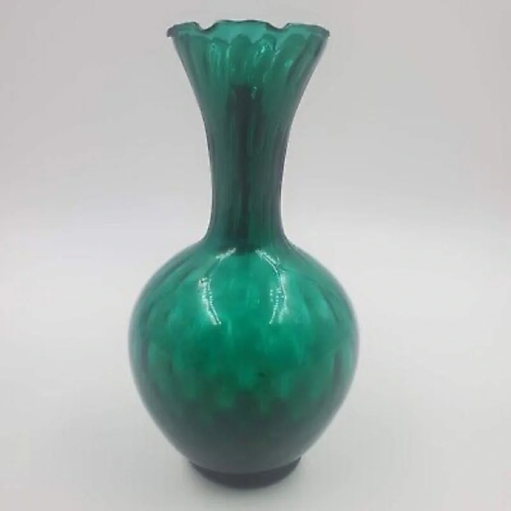 Vintage Empoli Italian Juniper Green Diamond Optic Glass Pitcher Vase 8”